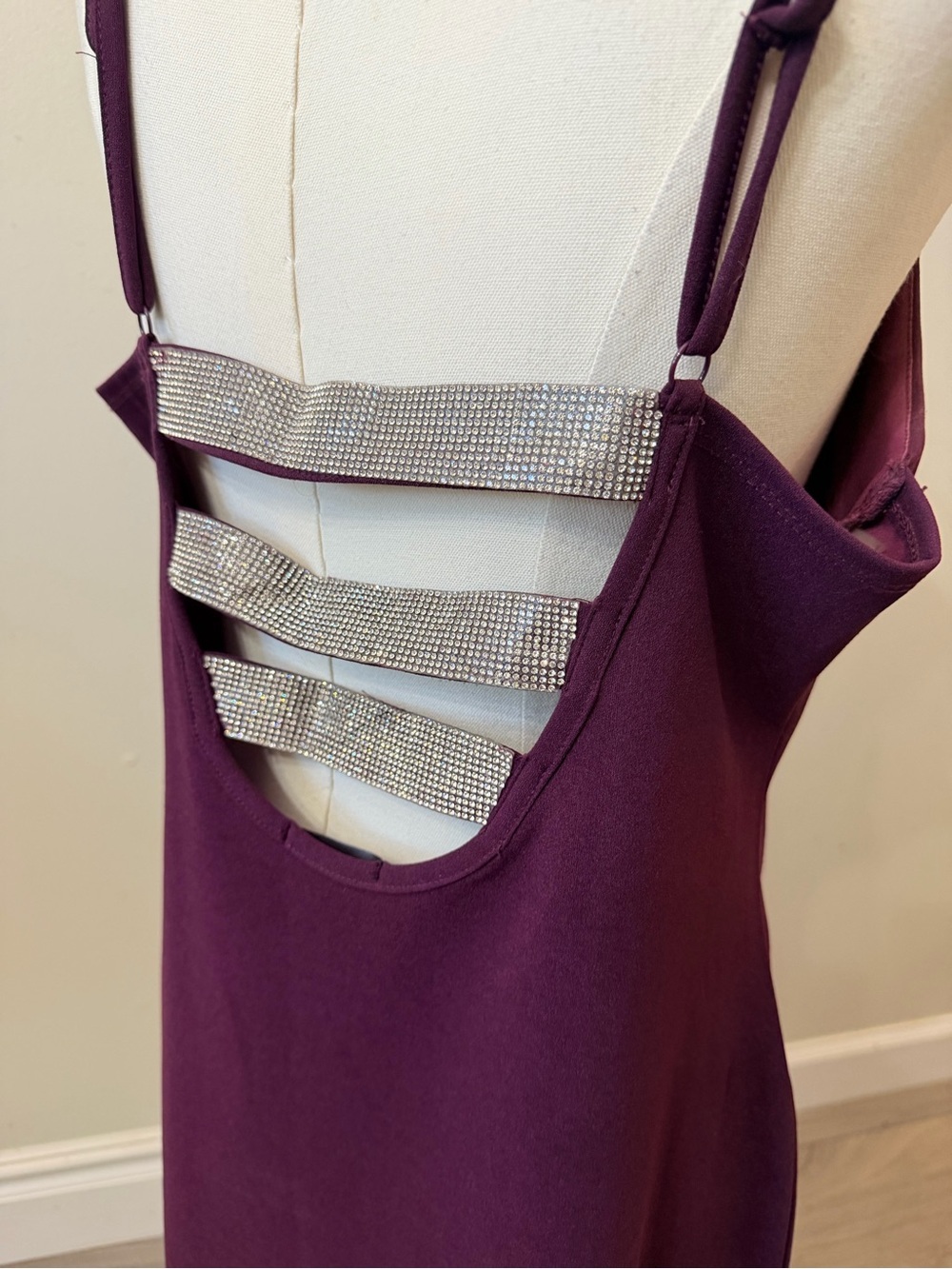 Plum Backless Bodycon Mini Dress with Metallic Back Straps - Picture 5 of 6